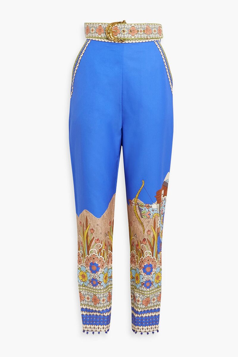 Zimmermann - Belted printed cotton and silk-blend twill tapered pants - Blue - 00