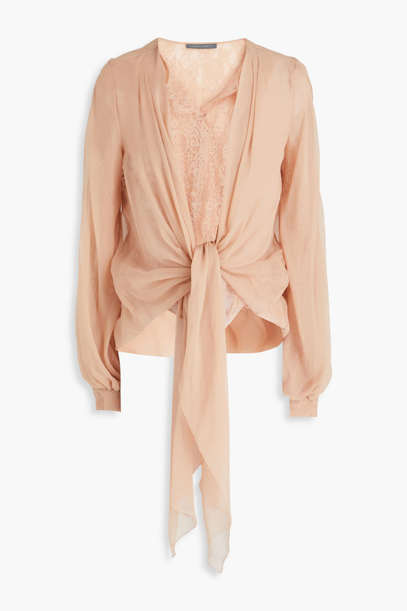 alberta ferretti - tie-front layered silk-voile and corded lace blouse - pink - it 42