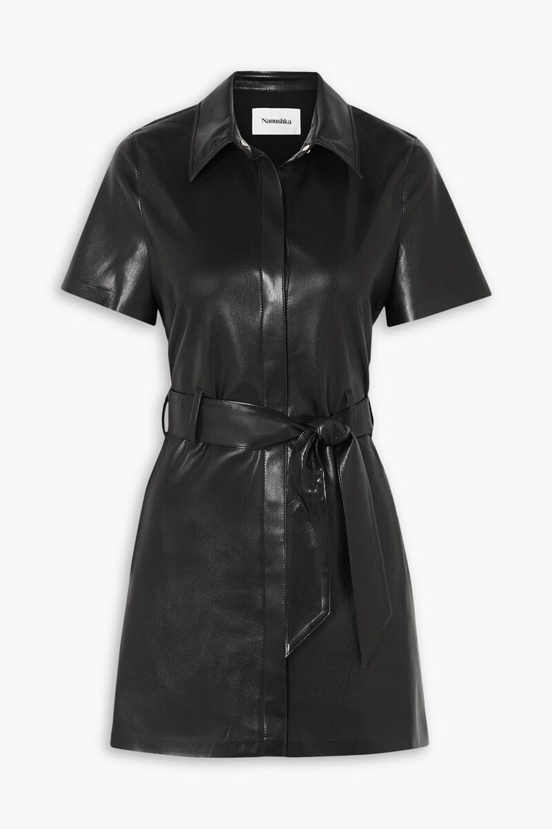 Nanushka - Halli belted vegan leather mini shirt dress - Black - XXS