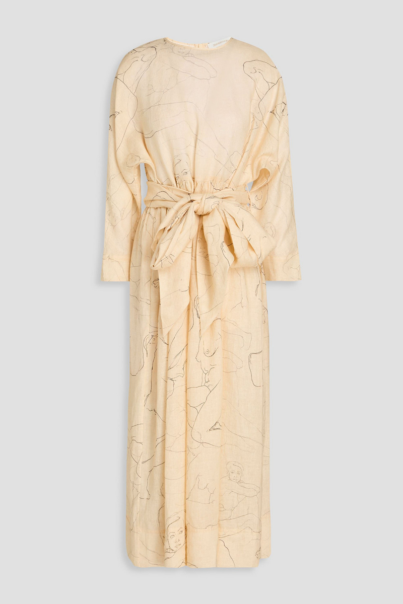zimmermann - belted printed linen midi dress - white - 2