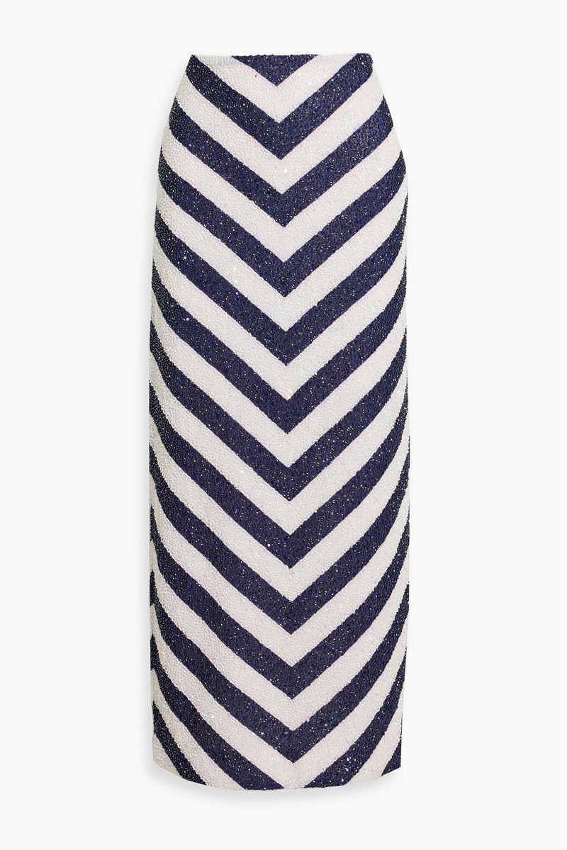 staud - st. tropez embellished striped mesh maxi skirt - blue - us 2