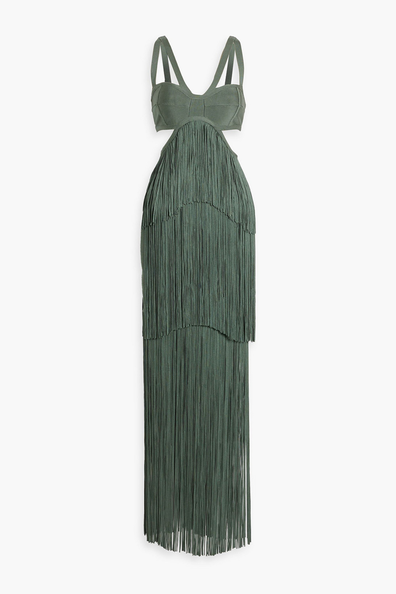 Hervé Léger - Cutout fringed bandage maxi dress - Green - M