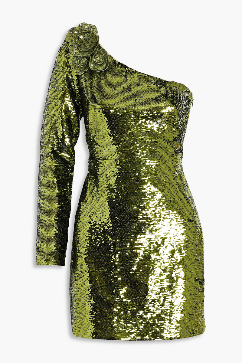 Marchesa Notte - One-sleeve sequined tulle mini dress - Green - US 0