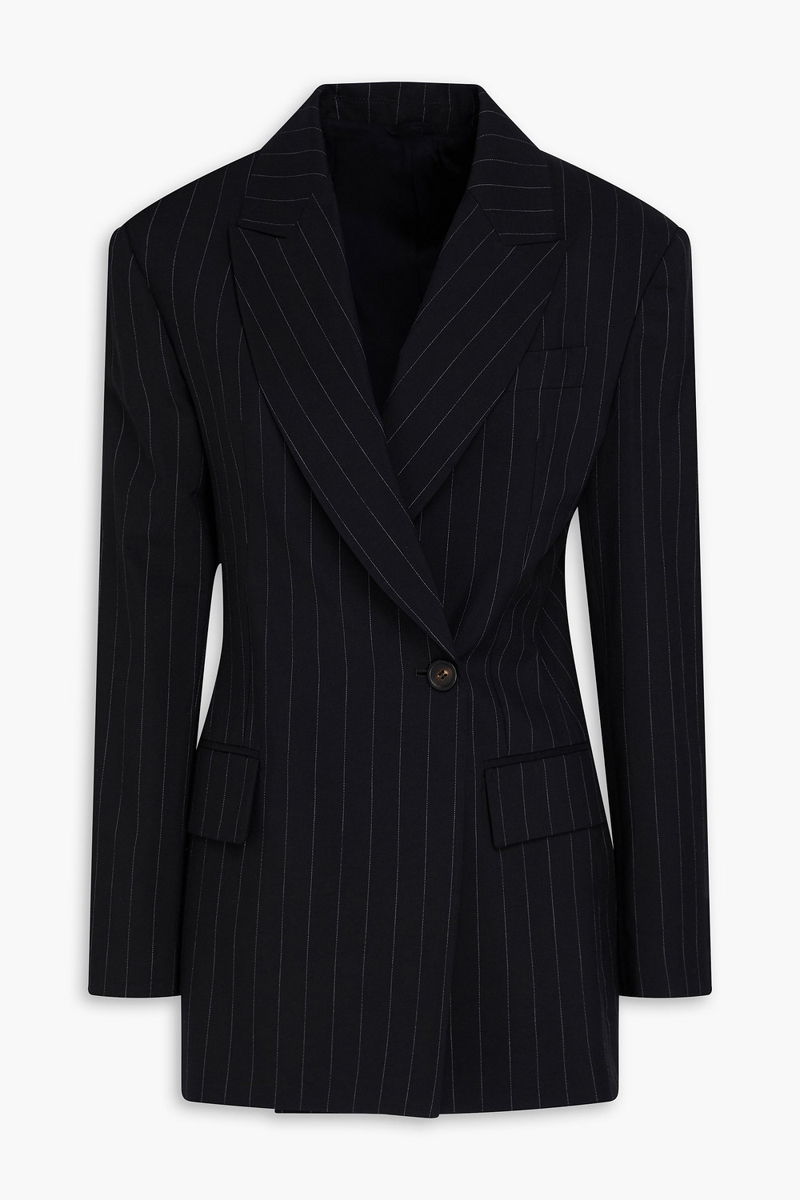 brunello cucinelli - bead-embellished double-breasted pinstriped wool and cotton-blend blazer - black - it 40