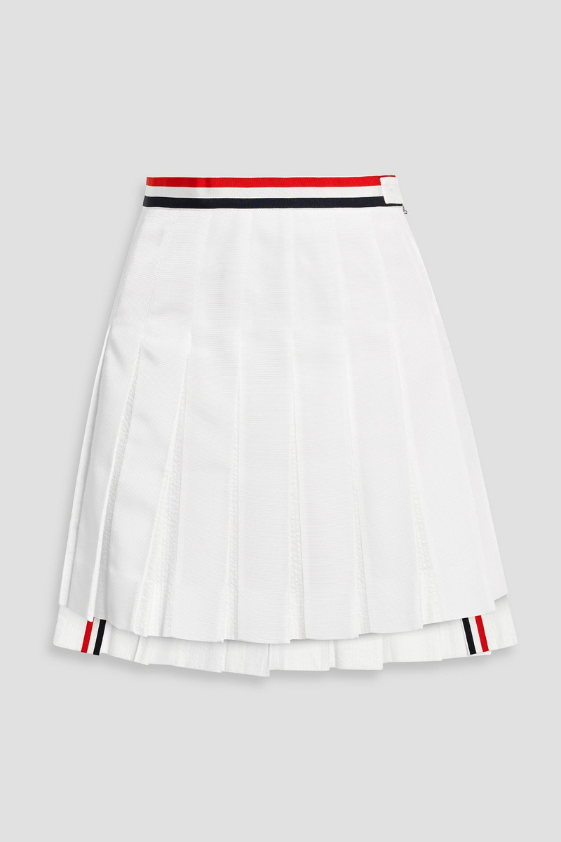 thom browne - pleated cotton-seersucker and grosgrain mini skirt - white - it 38