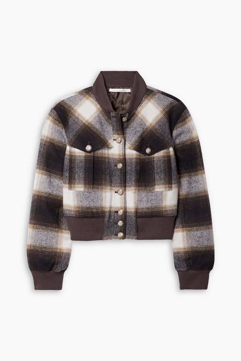 Veronica Beard - Stanley suede-trimmed checked wool-blend bomber jacket - Brown - US 4
