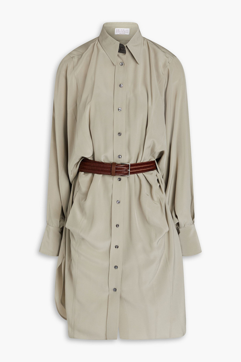 Brunello Cucinelli - Belted silk crepe de chine shirt dress - Green - M