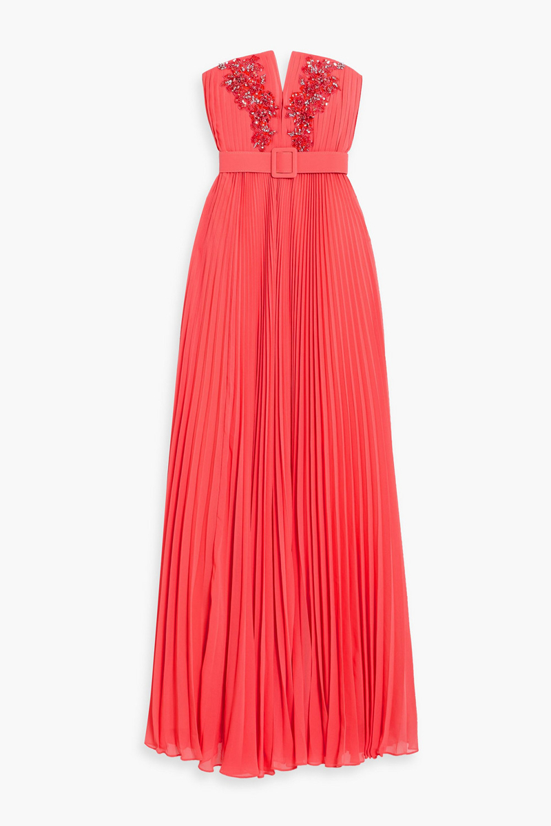 badgley mischka - strapless embellished pleated chiffon gown - orange - us 2