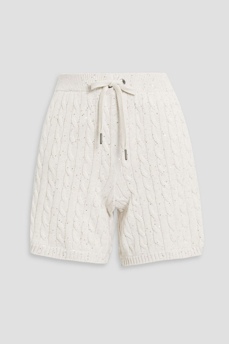 brunello cucinelli - sequin-embellished cable-knit cotton-blend shorts - white - m
