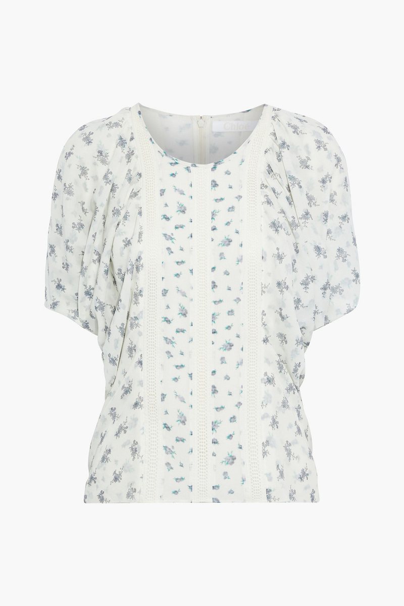 Chloé - Crochet-trimmed floral-print silk-georgette top - White - FR 36
