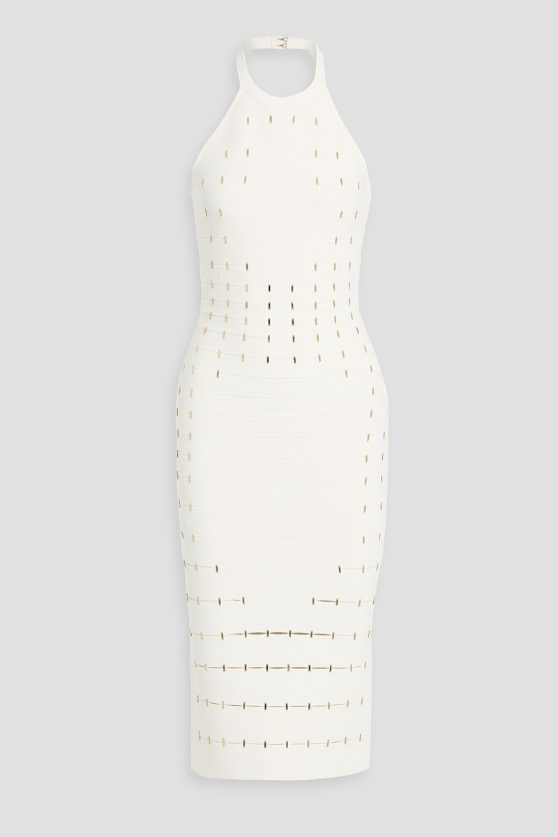 hervé léger - joanne crystal-embellished bandage halterneck midi dress - white - s