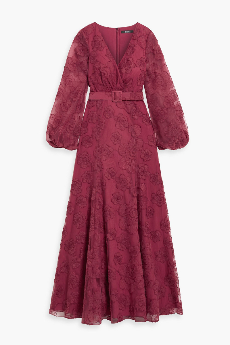 badgley mischka - belted embroidered tulle gown - burgundy - us 8