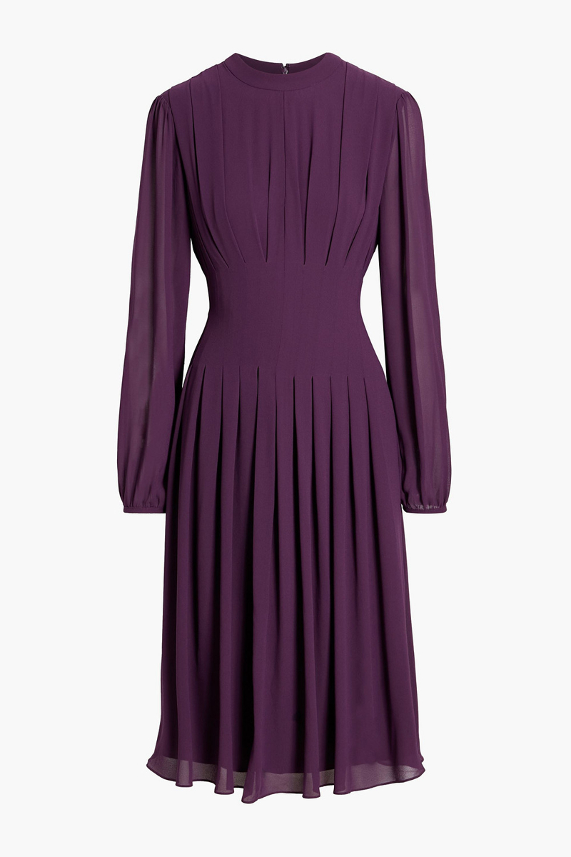 mikael aghal - pleated crepe de chine midi dress - purple - us 6