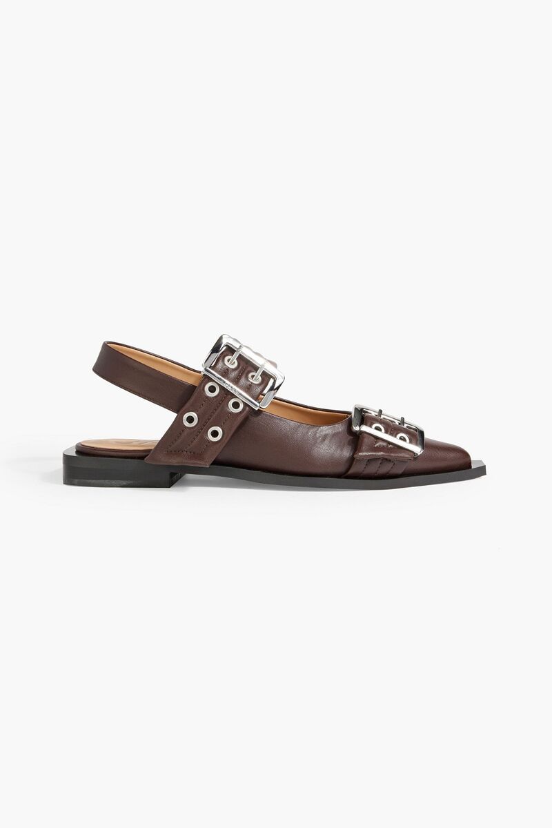GANNI - Embellished leather-blend slingback point-toe flats - Brown - EU 39