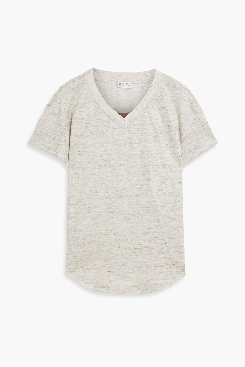 brunello cucinelli - bead-embellished linen and silk-blend jersey t-shirt - gray - xxs