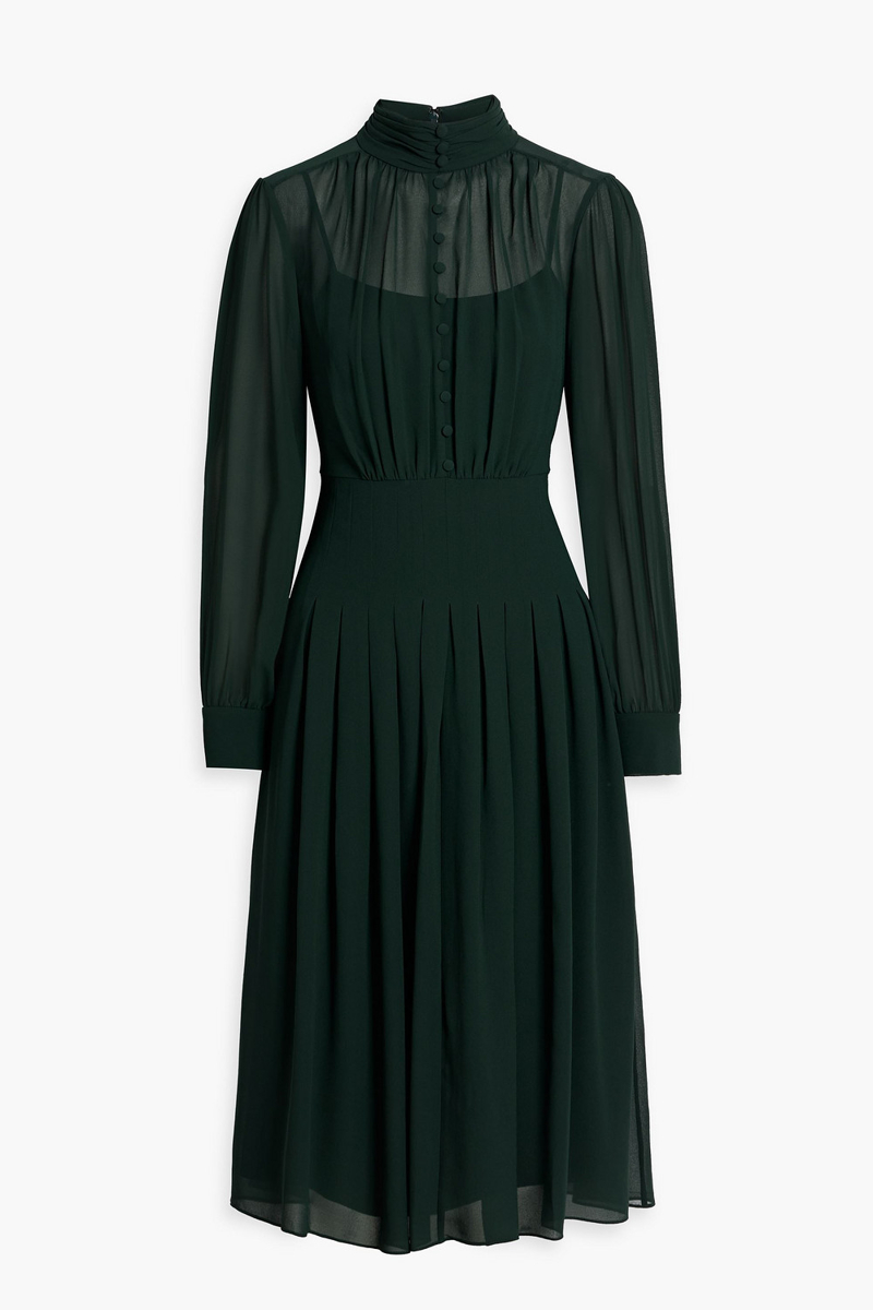 mikael aghal - pleated chiffon midi dress - green - us 4