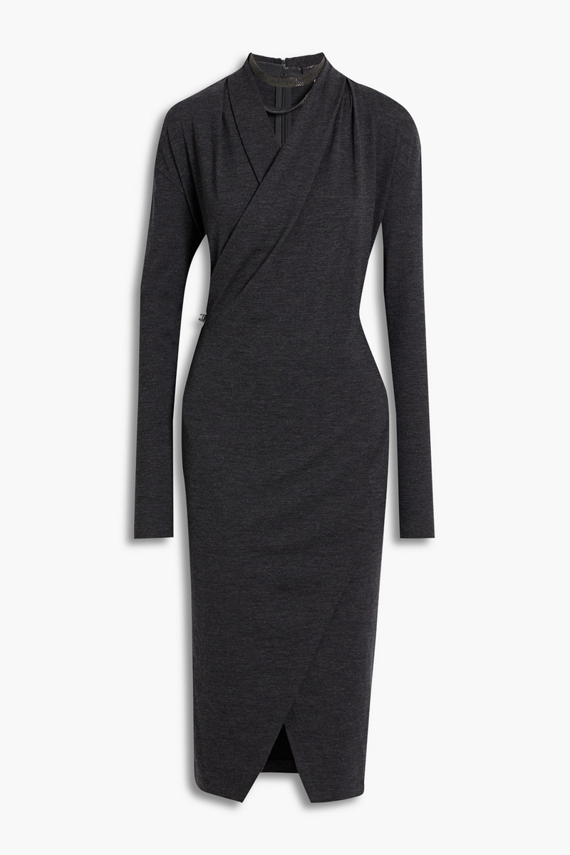 Brunello Cucinelli - Wrap-effect bead-embellished wool-blend jersey dress - Gray - XS