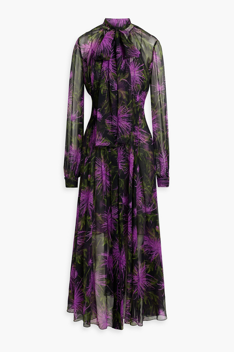 oscar de la renta - pussy-bow pleated floral-print silk-chiffon maxi dress - purple - us 10