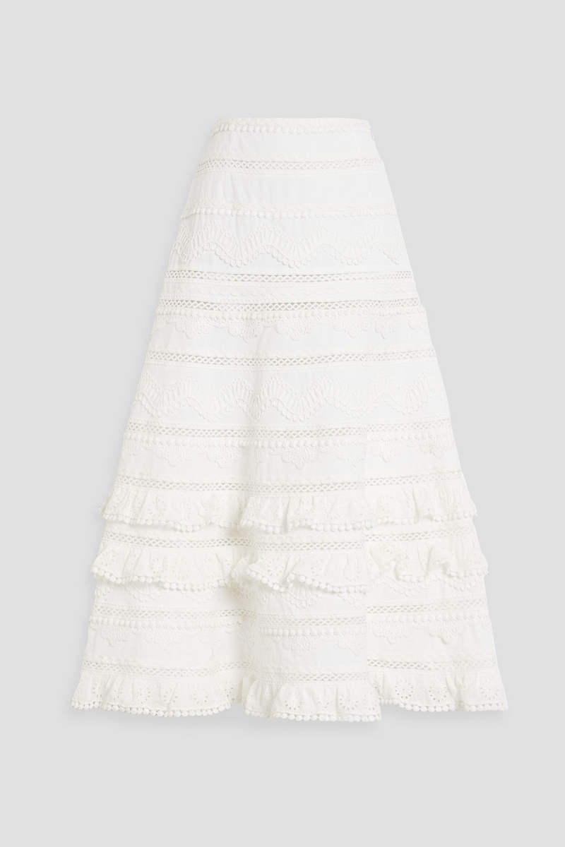 carolina herrera - guipure lace-trimmed cotton-poplin midi skirt - white - us 2