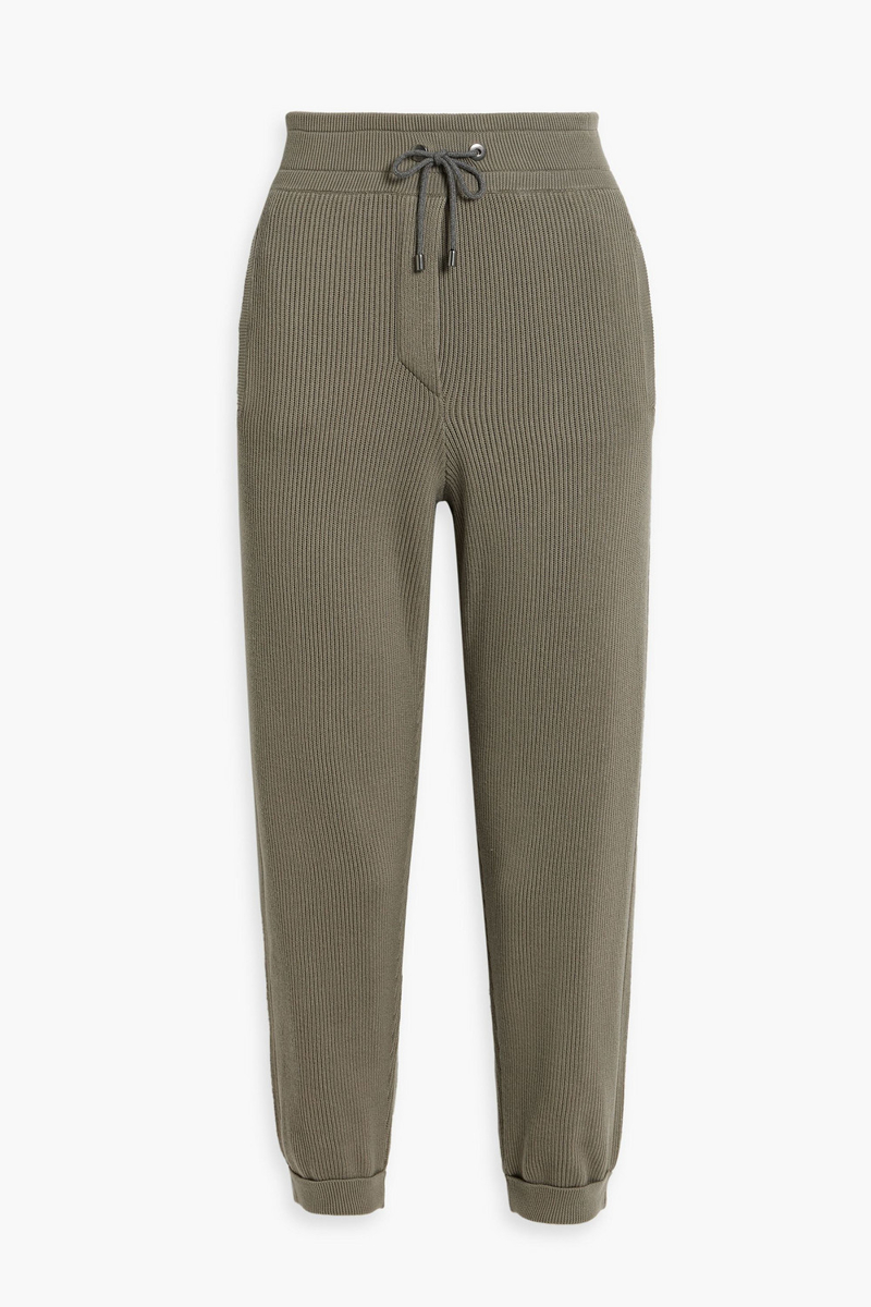 brunello cucinelli - cropped ribbed cotton track pants - green - s