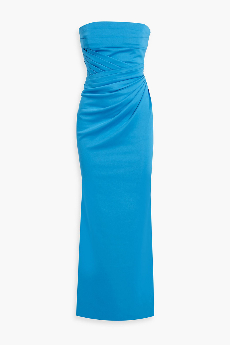 badgley mischka - strapless pleated ponte maxi dress - blue - us 2