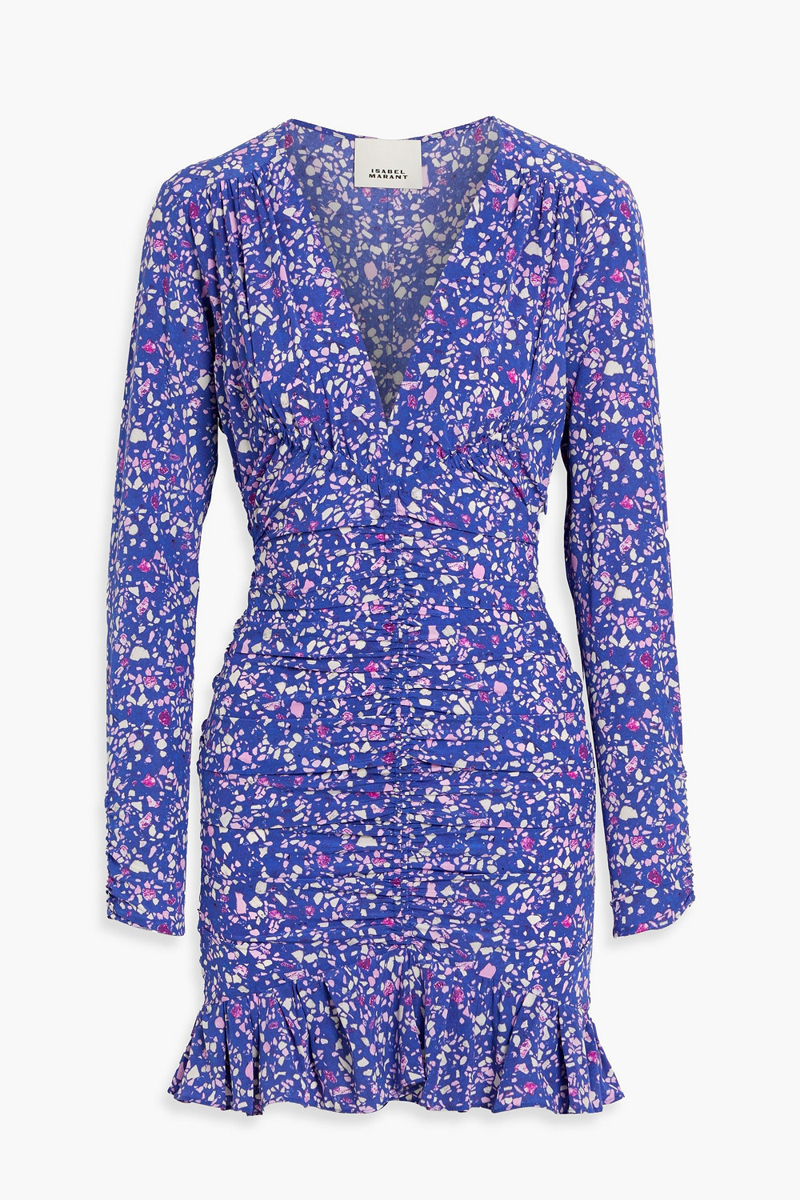isabel marant - lara ruched printed stretch-silk mini dress - blue - fr 34