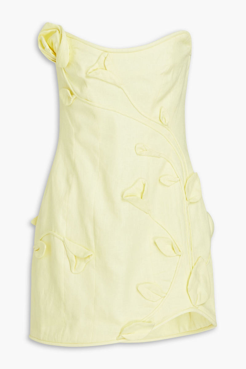zimmermann - strapless floral-appliquéd linen mini dress - yellow - 2