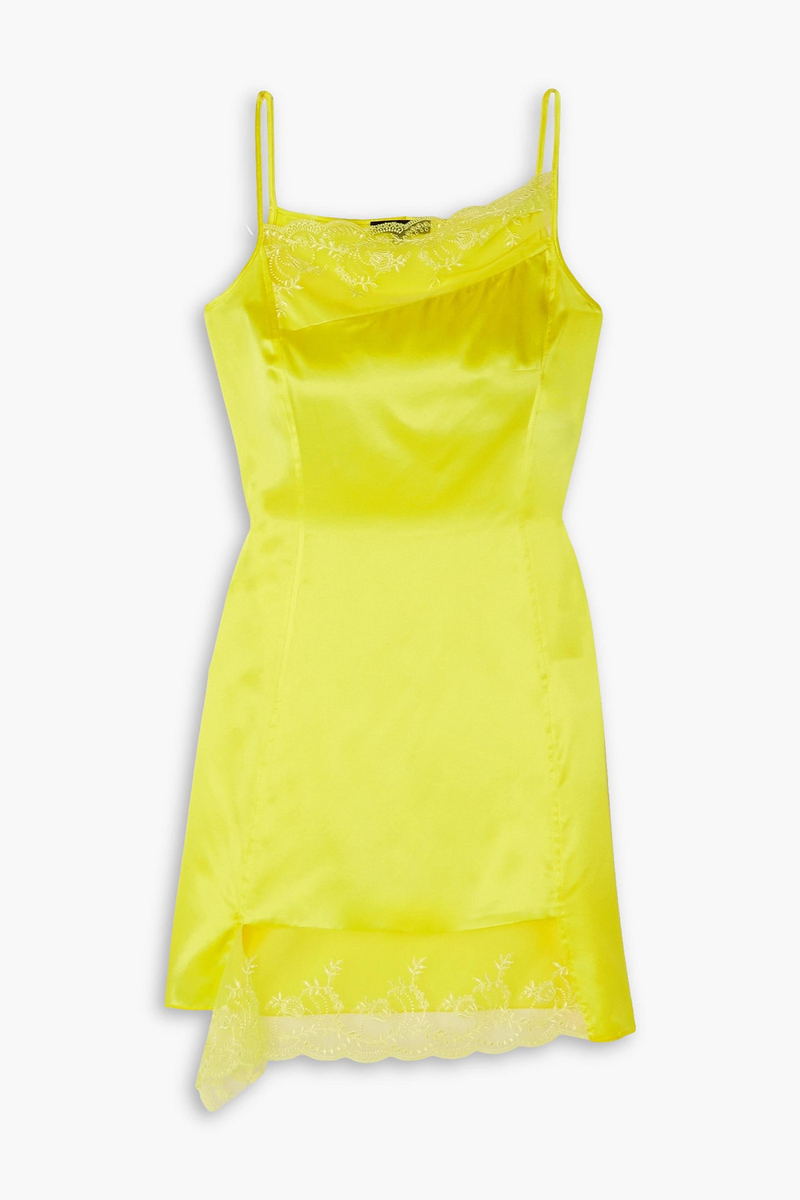 Meryll Rogge - Asymmetric lace-trimmed silk-charmeuse mini dress - Yellow - FR 34