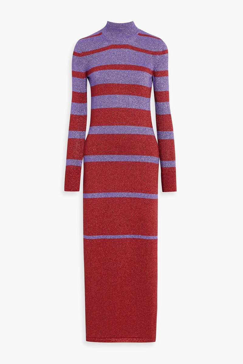 RABANNE - Metallic striped knitted turtleneck maxi dress - Red - S