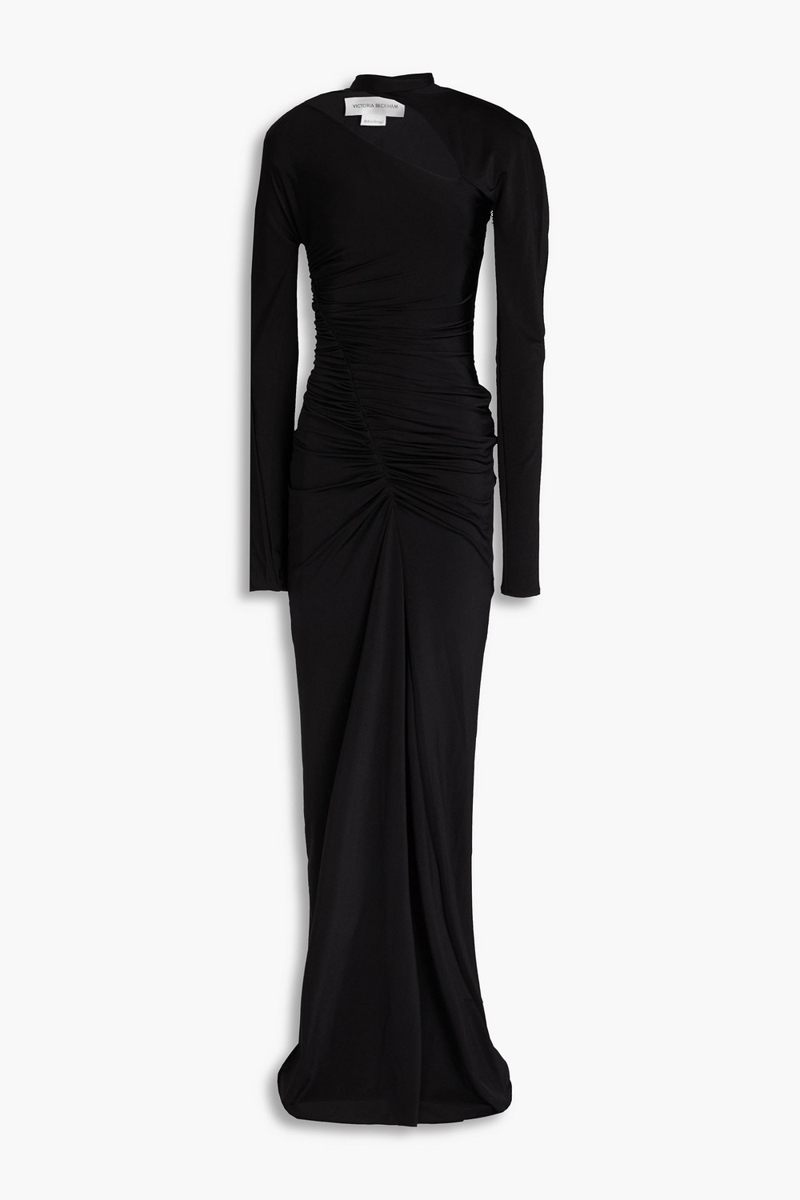 Victoria Beckham - Cutout ruched satin-jersey maxi dress - Black - UK 6