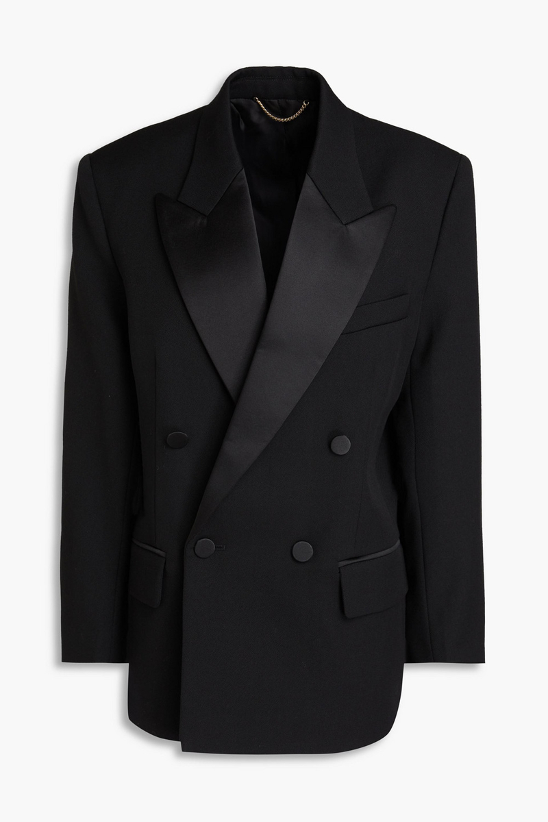 victoria beckham - double-breasted satin-paneled crepe blazer - black - uk 4