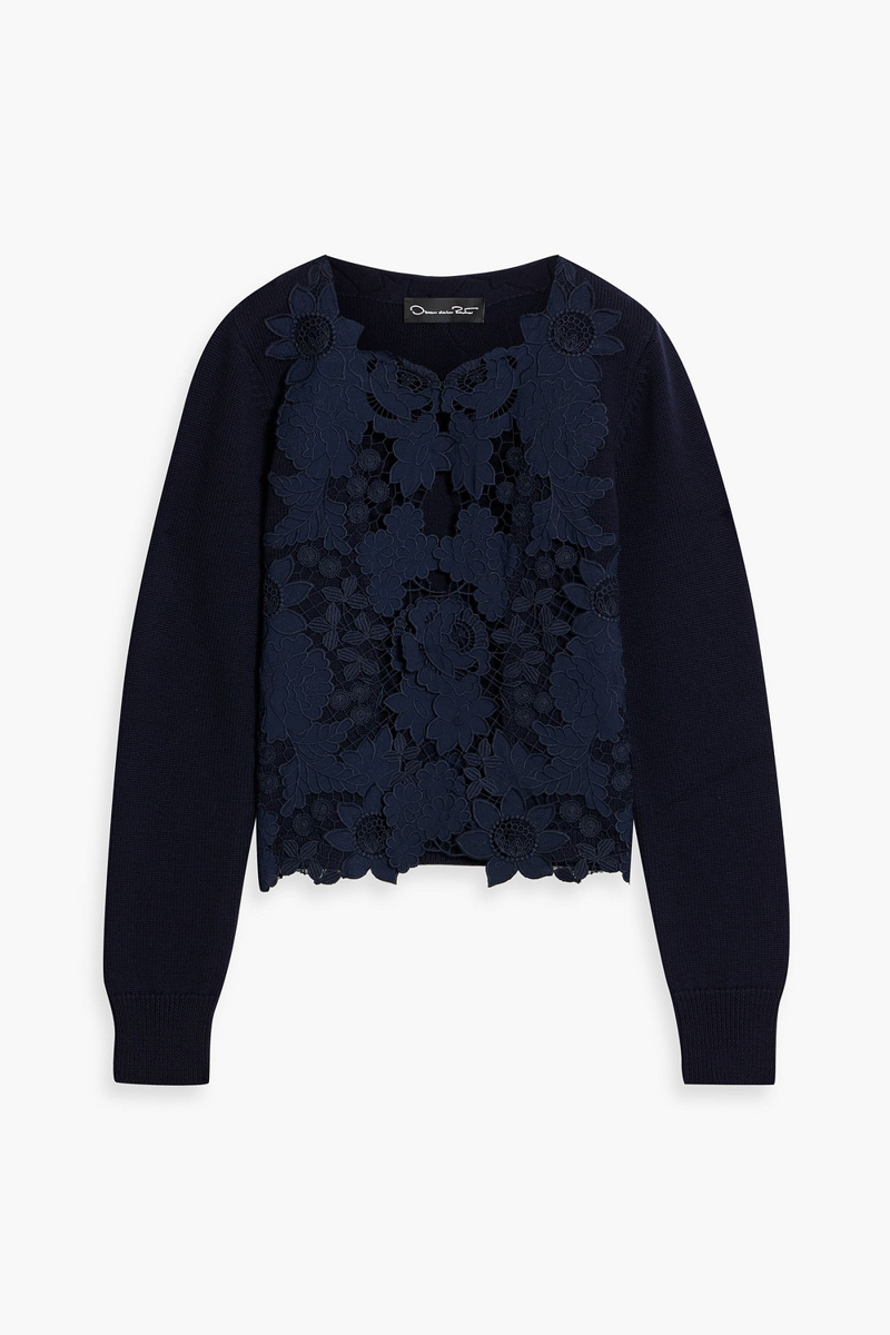 oscar de la renta - guipure lace-paneled wool cardigan - blue - xs