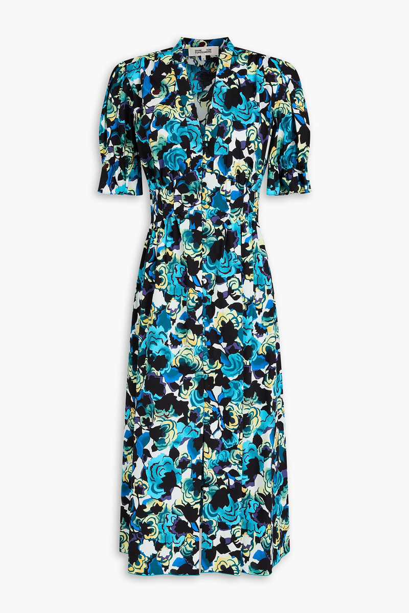 diane von furstenberg - erica printed cotton-blend poplin midi dress - blue - us 00