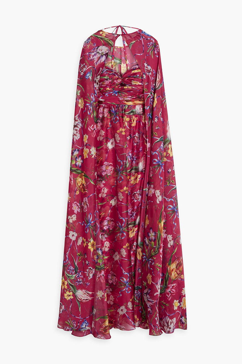 marchesa notte - cape-effect floral-print charmeuse gown - red - us 4