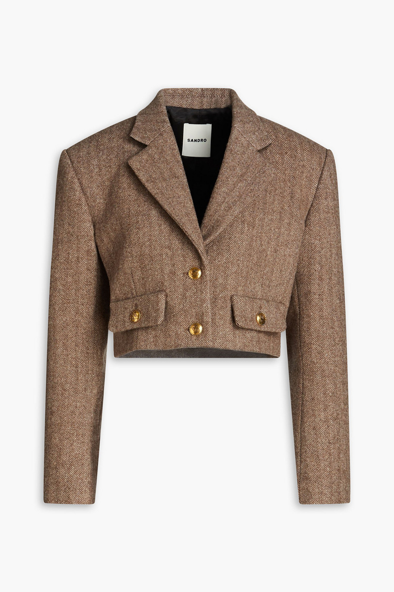 sandro - cropped herringbone wool-blend blazer - brown - fr 40