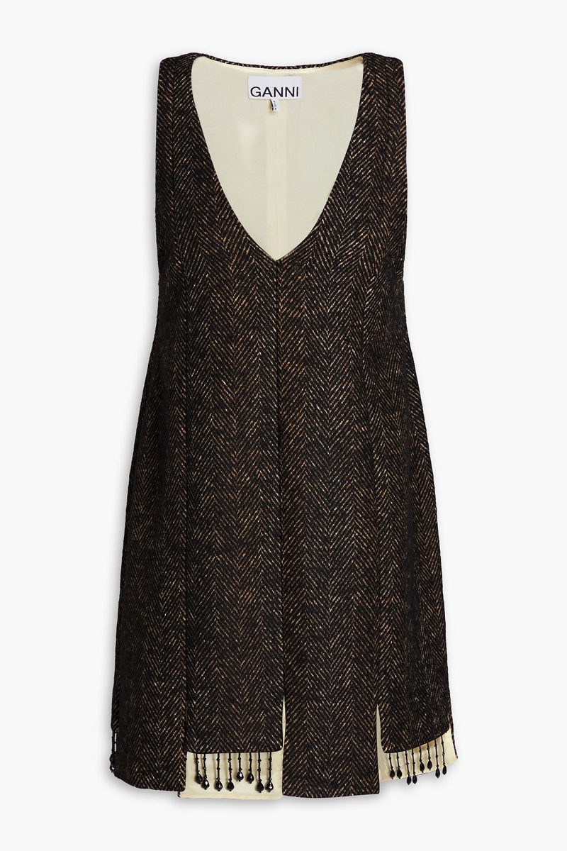 GANNI - Fringed bead-embellished herringbone tweed mini dress - Black - DE 38