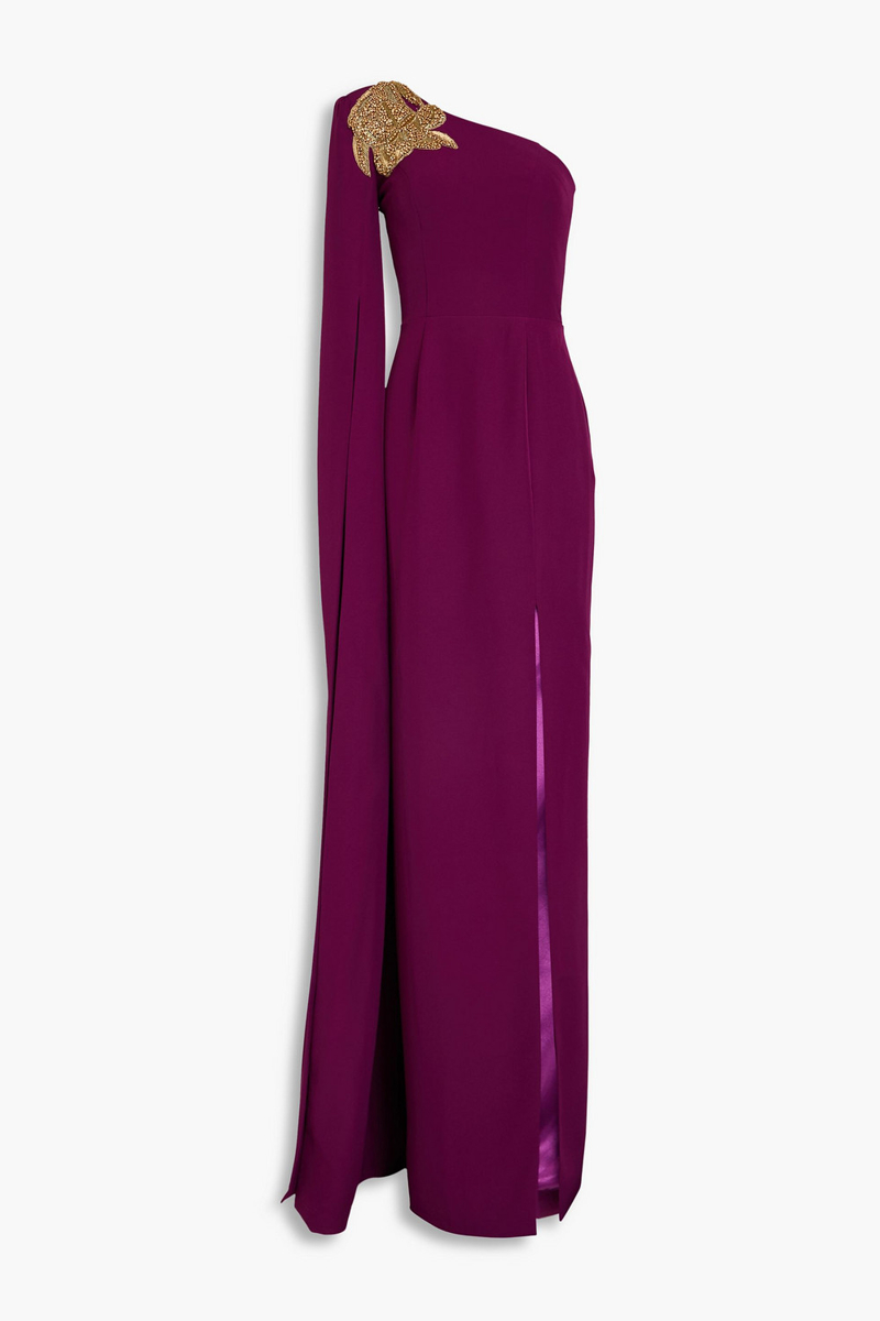 rhea costa - one-sleeve crystal-embellished draped crepe gown - purple - it 46