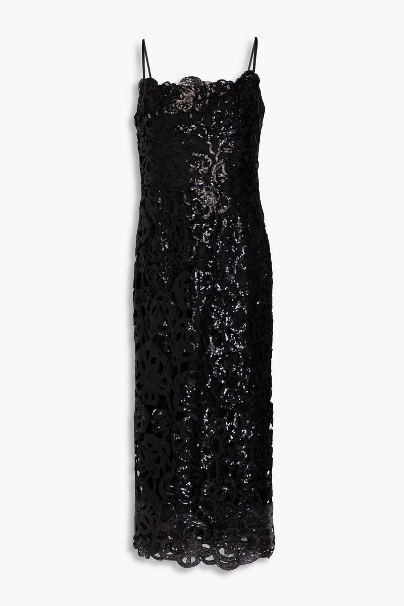 marchesa notte - sequined guipure lace midi dress - black - us 8