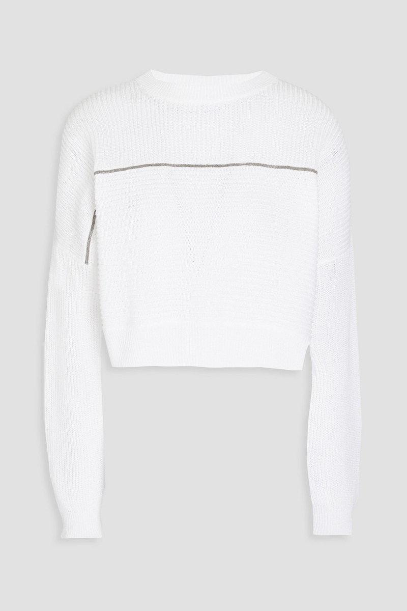 brunello cucinelli - cropped bead-embellished ribbed cotton sweater - white - xxl