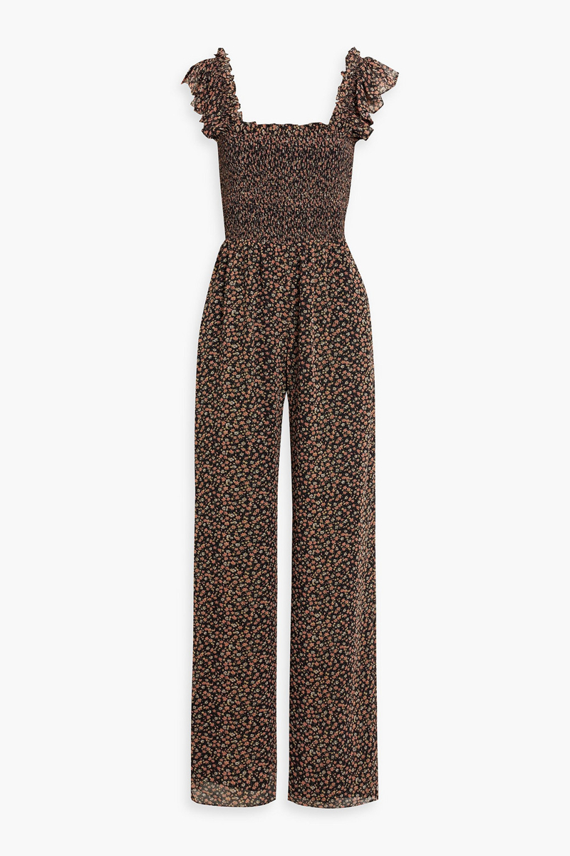 Mikael Aghal - Shirred floral-print crepe de chine wide-leg jumpsuit - Black - US 10
