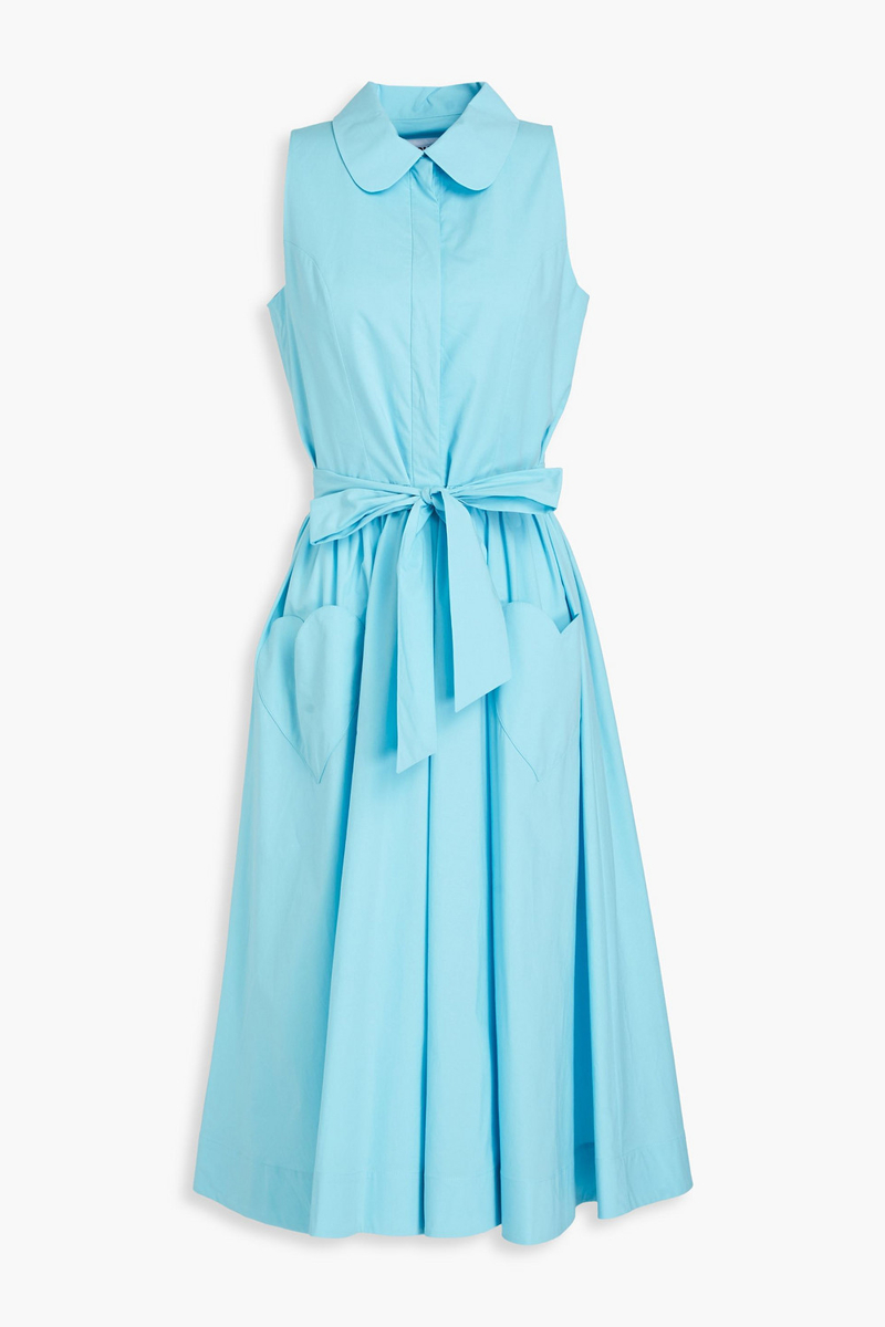Moschino - Belted pleated stretch-cotton poplin midi shirt dress - Blue - IT 38