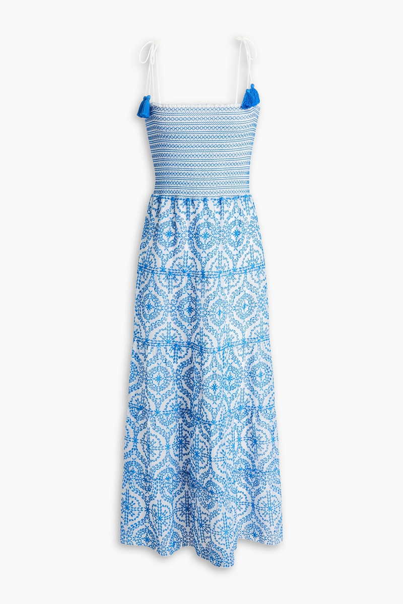 alice olivia - marna smocked broderie anglaise midi dress - blue - us 8