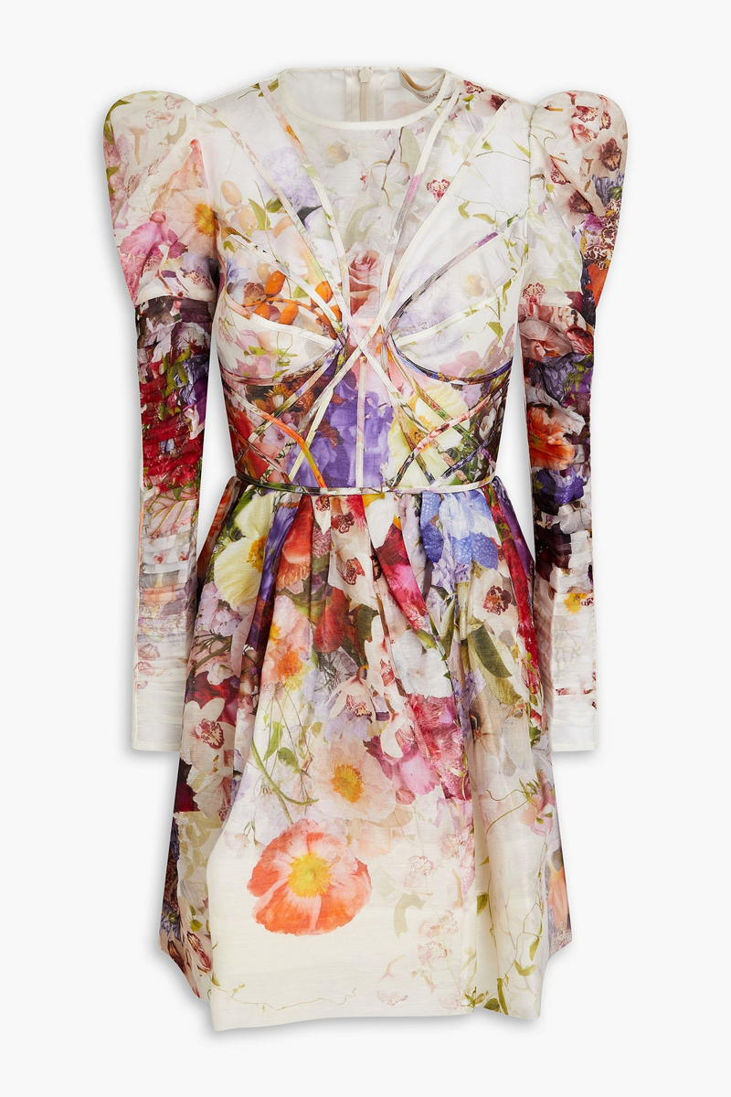 zimmermann - gathered floral-print linen and silk-blend mini dress - purple - 00