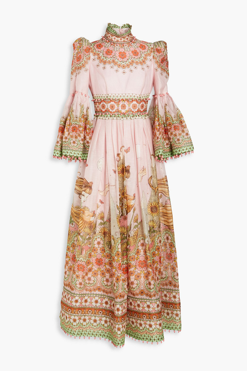 Zimmermann - Bead-embellished printed linen and silk-blend maxi dress - Pink - 00