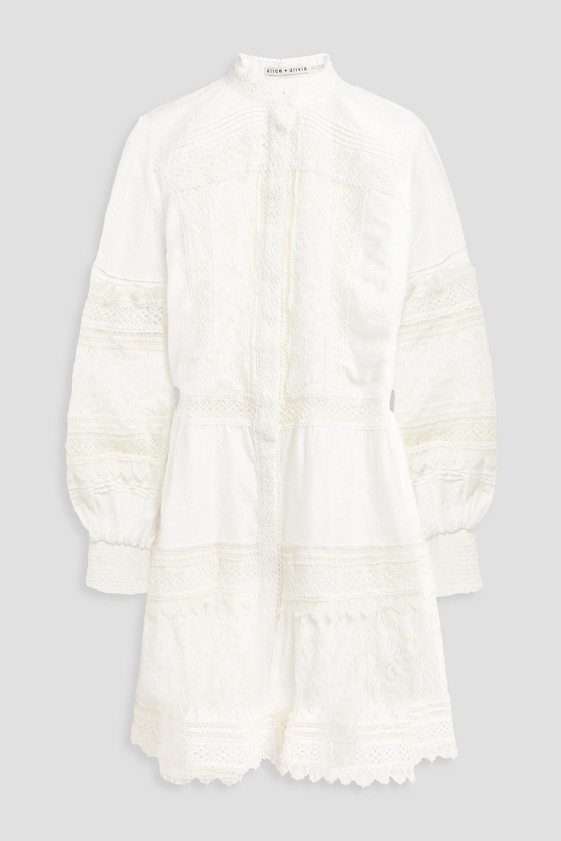 alice olivia - lace-paneled embroidered cotton mini dress - white - l