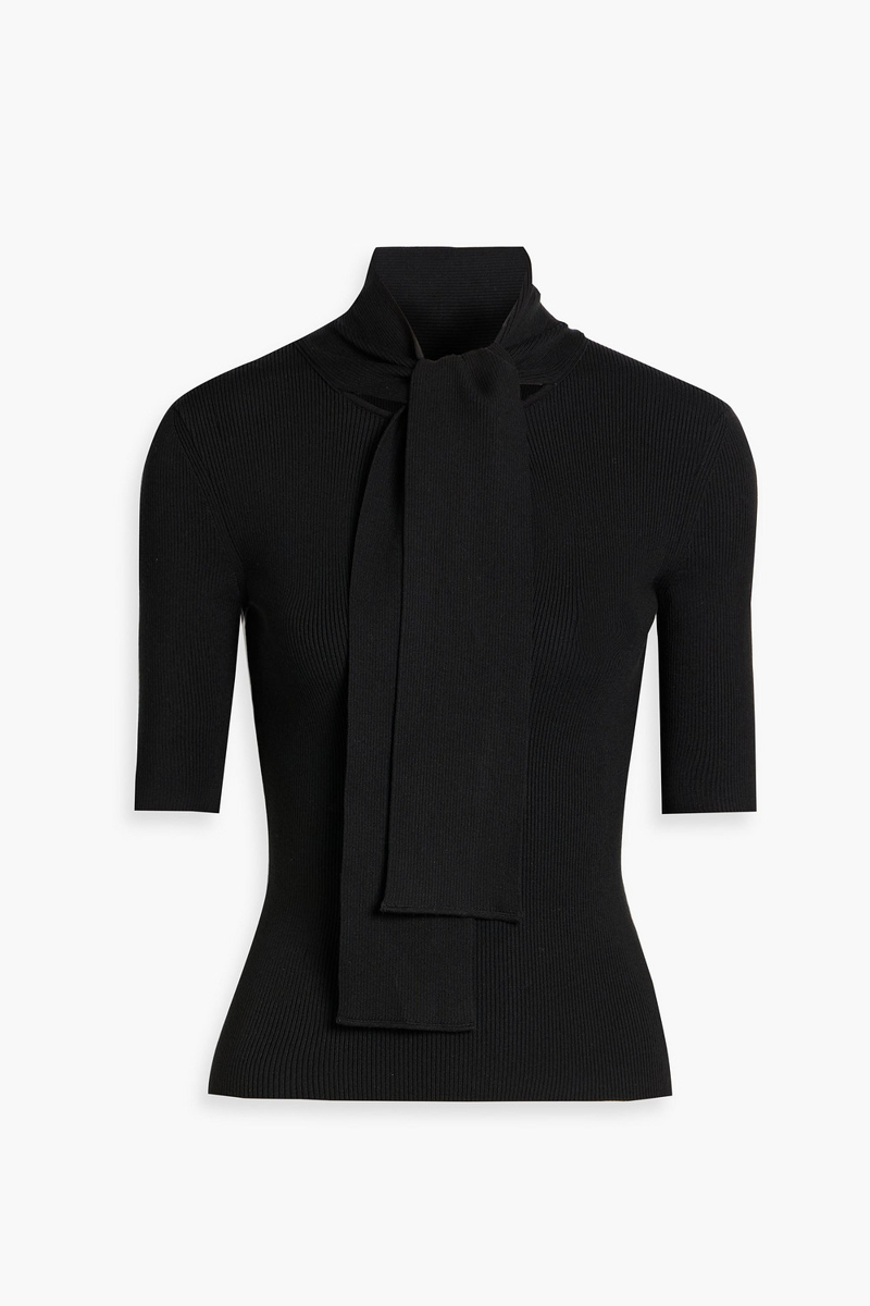 oscar de la renta - tie-detailed ribbed silk-blend top - black - l