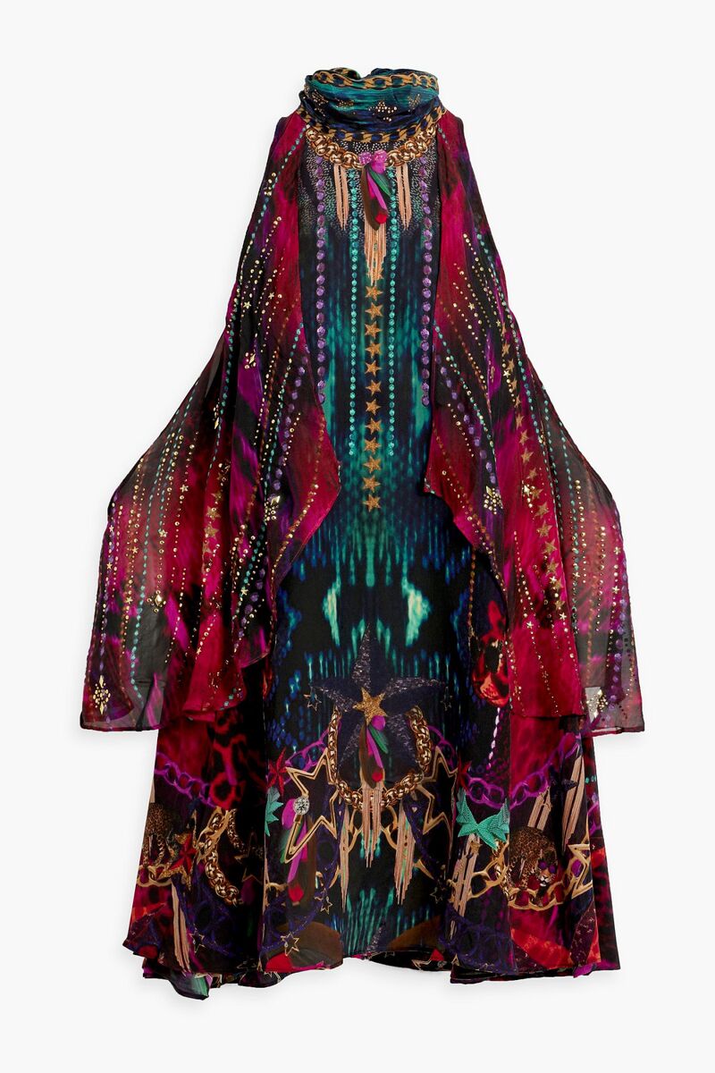 Camilla - Cold-shoulder studded printed silk-chiffon mini dress - Blue - S