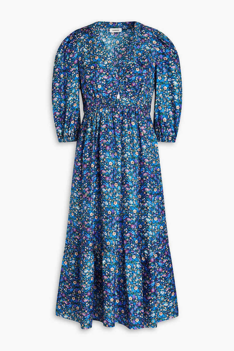 Sandro - Floral-print silk-twill midi dress - Blue - FR 38