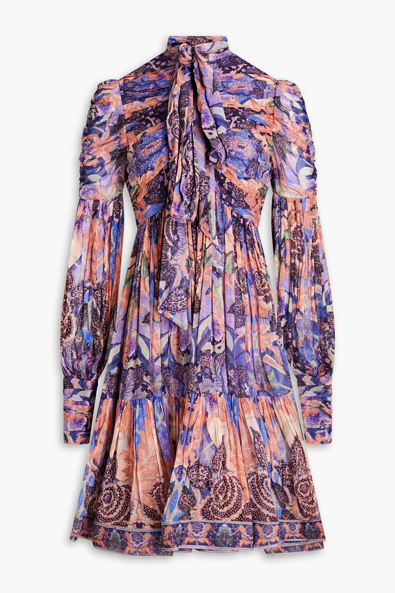Zimmermann - Pussy-bow ruched printed georgette mini dress - Orange - 00