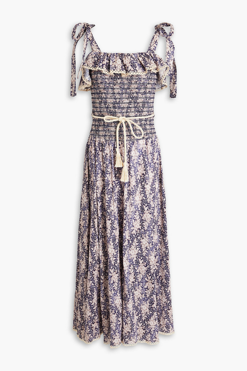 Zimmermann - Shirred floral-print cotton-blend jacquard midi dress - Blue - 00